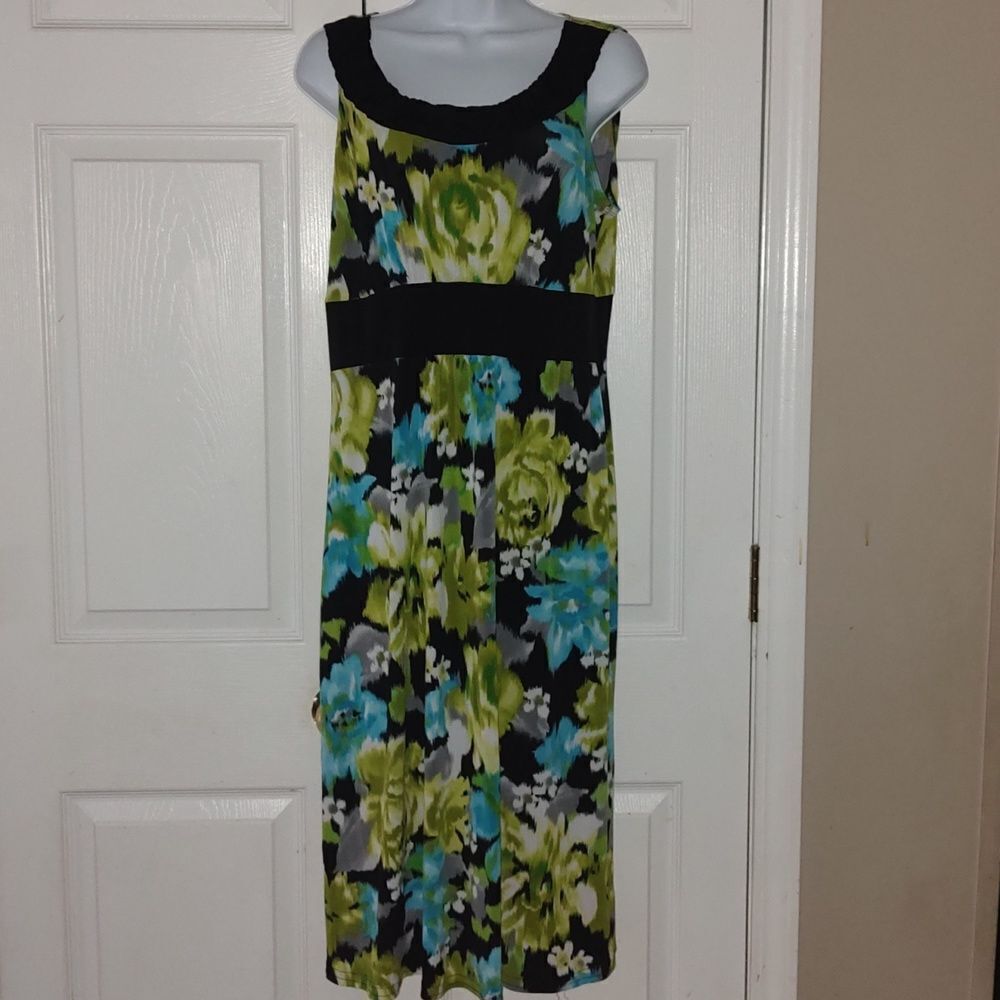 Susan Lawrence sleeveless black turquoise lime green summer beach dress Sz M